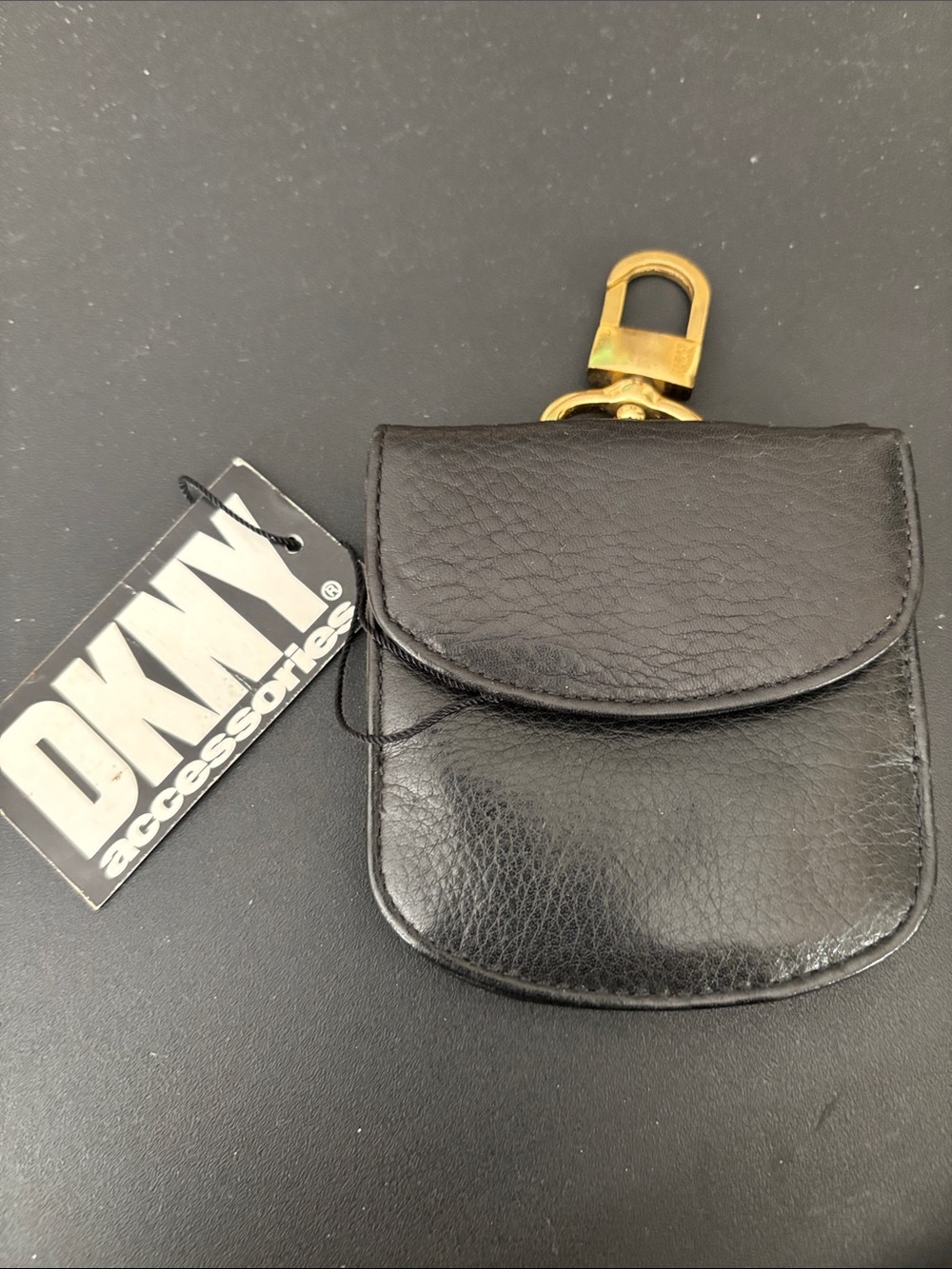 DKNY Black Leather Key & Card Pouch with Gold Clip